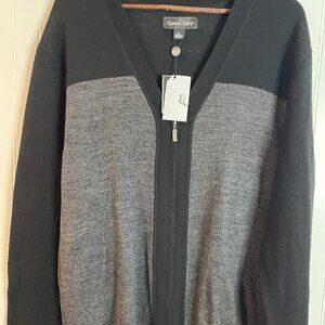 Kenneth Roberts Platinum Merino Wool Mens Cardigan Sweater Black/Gray L